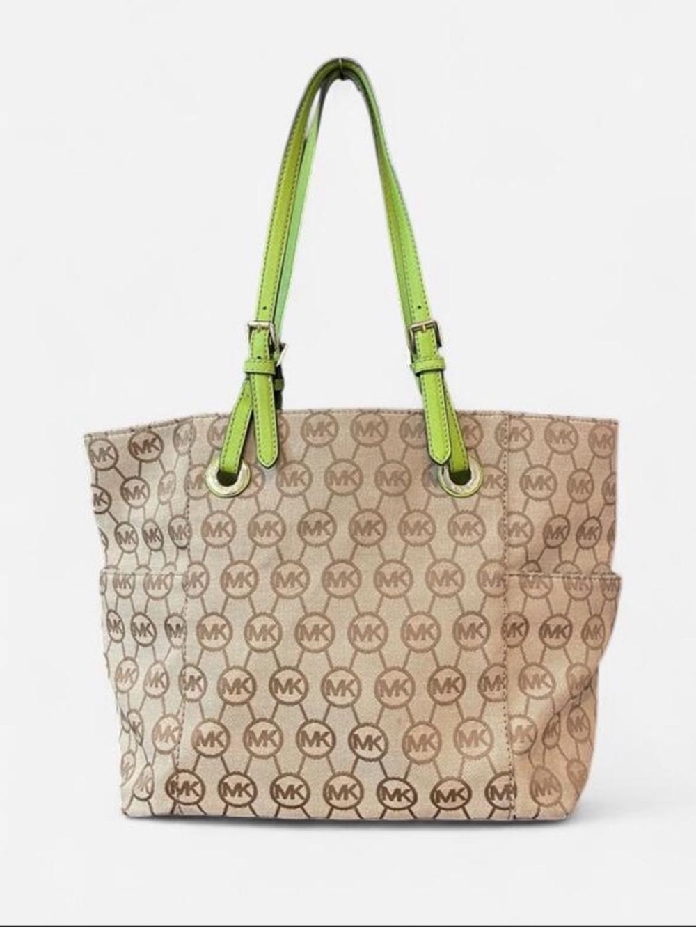 Michael Kors Beige Monogram Tote with Lime Green Handles